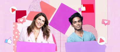 Portraits of creators and entrepreneurs Katie Sturino and Rajiv Surendra against a colorful graphic background